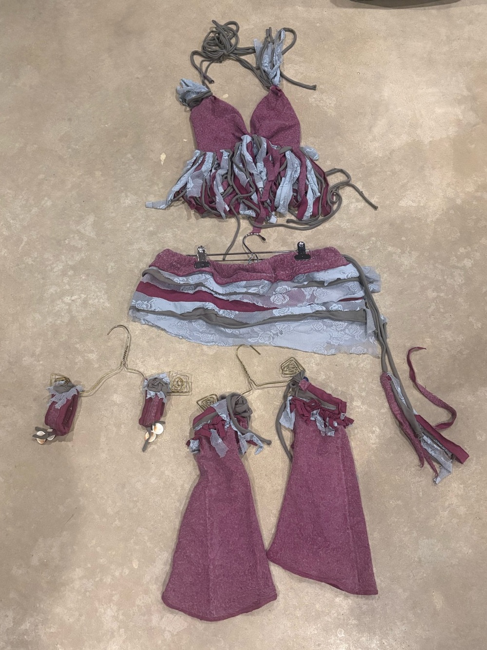 Boho Tassel Wrap Skirt and Top Set in Mauve and Light Gray/Blue